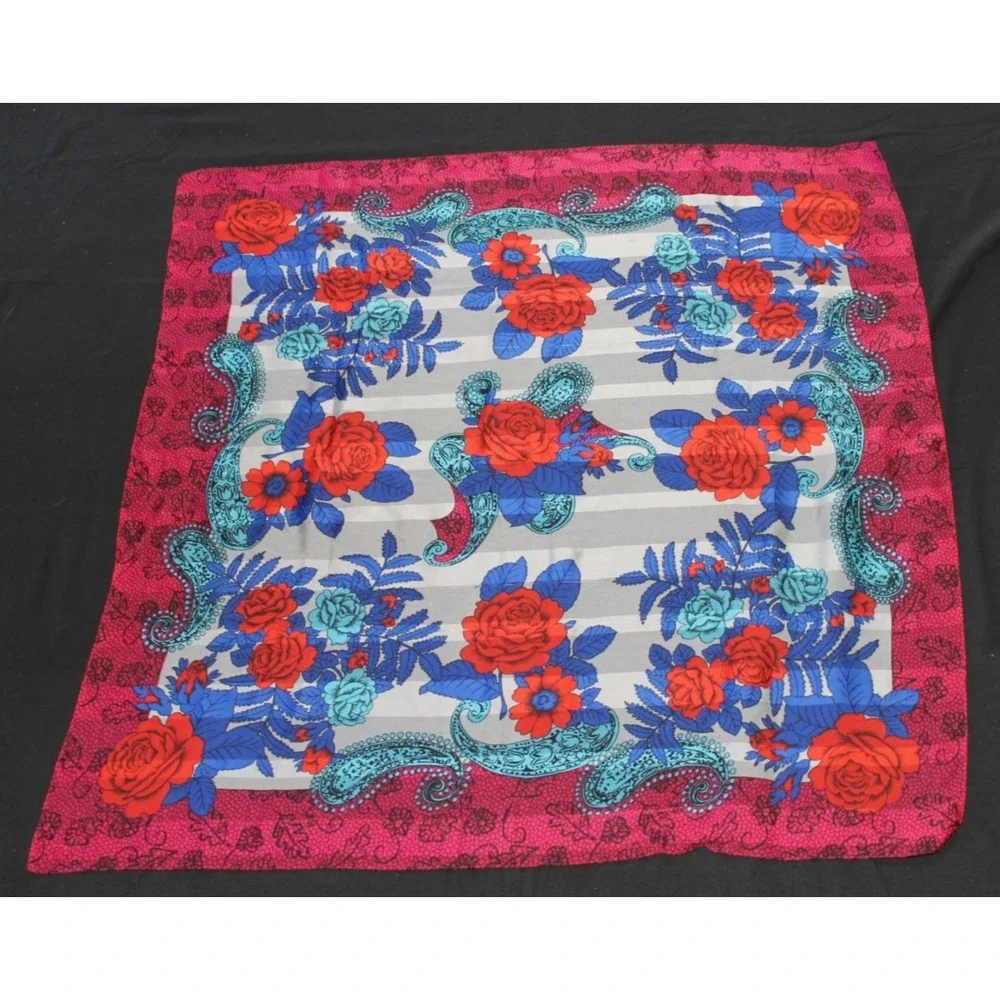 Silk Feel Floral Paisley Square Scarf Pink Blue Red White Stripes 30 x 20